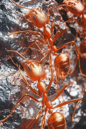 Midjourney generated image using SREF code Chromatic Elegy: A group of red ants standing on top of a rock.