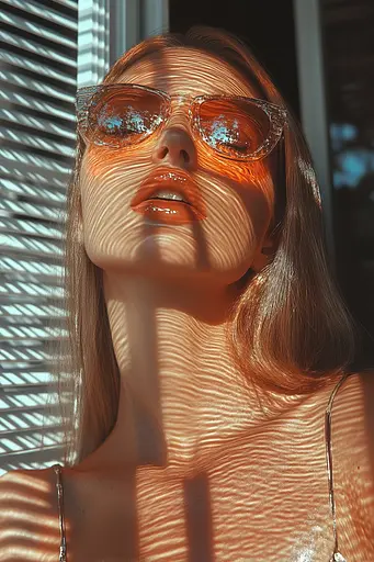 Midjourney generated image using SREF code Chromatic Elegy: A woman wearing a pair of sunglasses in front of a window.