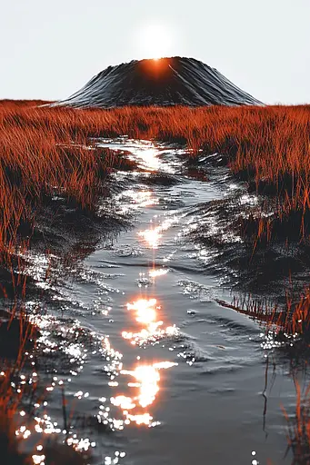 Midjourney generated image using SREF code Chromatic Elegy: A small stream running through a grassy field with a mountain in the background.