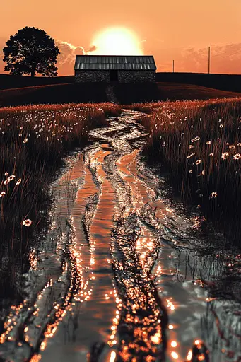 Midjourney generated image using SREF code Chromatic Elegy: A field with a barn in the background and a sunset in the distance.