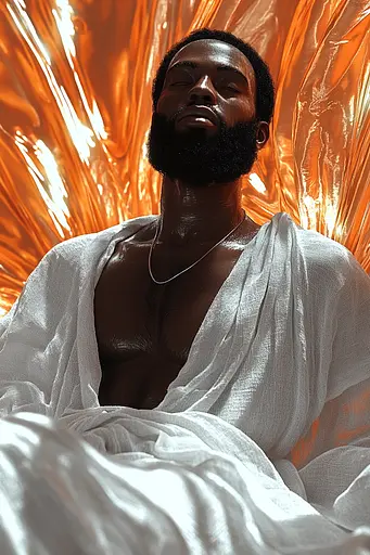 Midjourney generated image using SREF code Chromatic Elegy: A man with a beard sitting in a white robe.