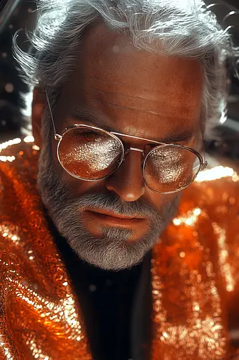 Midjourney generated image using SREF code Chromatic Elegy: A man with white hair wearing a gold jacket and sunglasses.
