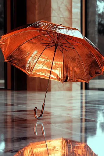 Midjourney generated image using SREF code Chromatic Elegy: An orange umbrella sitting on top of a tiled floor.