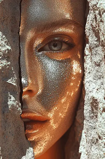 Midjourney generated image using SREF code Chromatic Elegy: A woman with gold face paint peeking out of a hole in a wall.