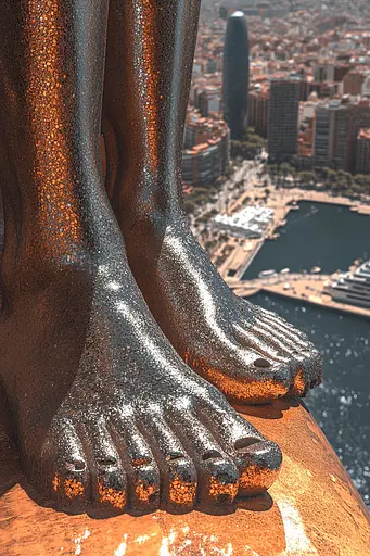 Midjourney generated image using SREF code Chromatic Elegy: A bronze statue of a person's feet on top of a building.