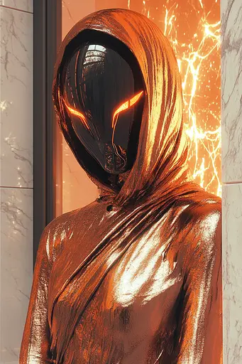 Midjourney generated image using SREF code Chromatic Elegy: A man in a hooded suit standing in front of a wall.