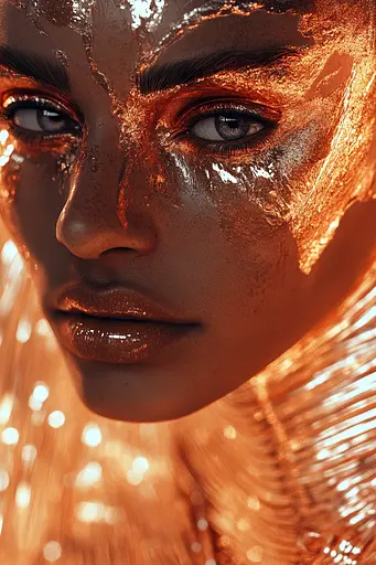 Midjourney generated image using SREF code Chromatic Elegy: A woman with gold face paint on her face.