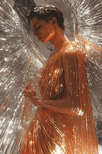 Midjourney generated image using SREF code Chromatic Elegy: A woman in a gold dress with silver wings.