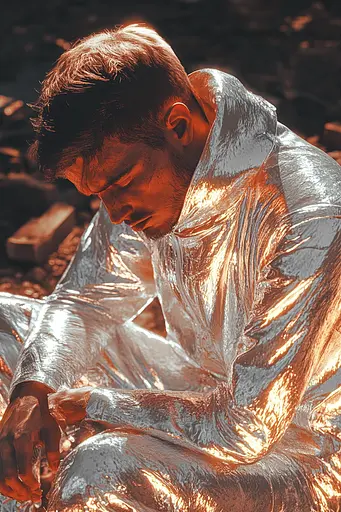 Midjourney generated image using SREF code Chromatic Elegy: A man in a silver suit sitting on the ground.