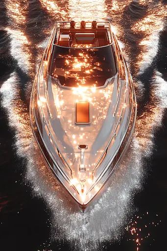 Midjourney generated image using SREF code Chromatic Elegy: A white boat speeding through the water at night. 