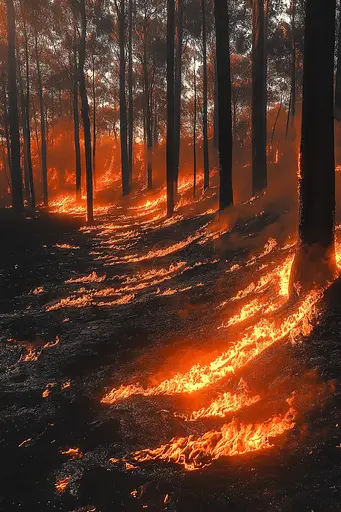 Midjourney generated image using SREF code Chromatic Elegy: A fire burns through the trees in a forest.