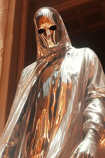 Midjourney generated image using SREF code Chromatic Elegy: A statue of a man in a silver robe holding a sword.