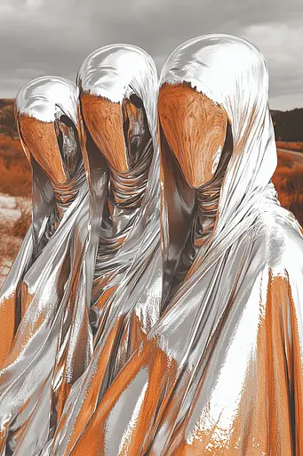 Midjourney generated image using SREF code Chromatic Elegy: A group of three women wrapped in silver and gold.