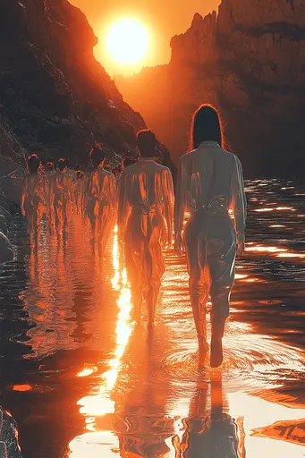 Midjourney generated image using SREF code Chromatic Elegy: A group of people walking on a beach at sunset.