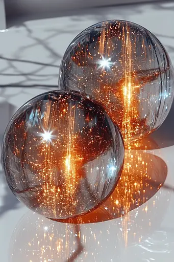 Midjourney generated image using SREF code Chromatic Elegy: A couple of glass spheres sitting on top of a table.