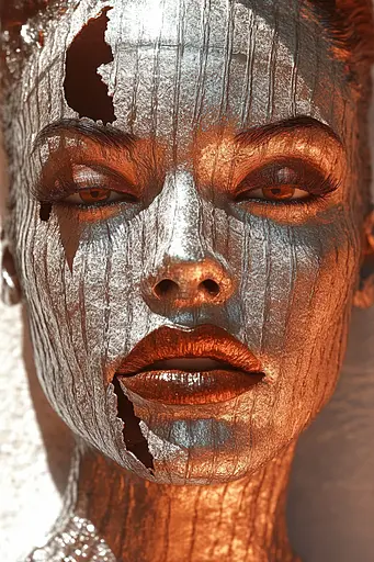 Midjourney generated image using SREF code Chromatic Elegy: A woman with silver face paint on her face.