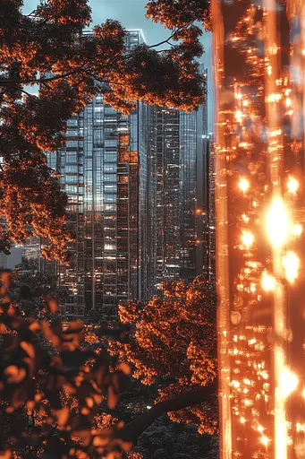 Midjourney generated image using SREF code Chromatic Elegy: A view of a city skyline through a window.