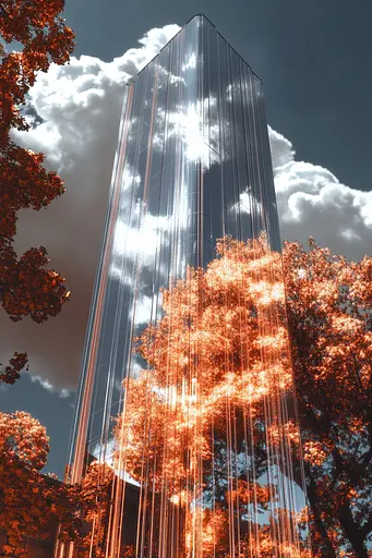 Midjourney generated image using SREF code Chromatic Elegy: A tall glass building with trees in front of it.