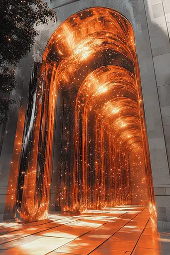 Midjourney generated image using SREF code Chromatic Elegy: A large metal sculpture in the middle of a building.