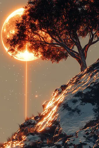 Midjourney generated image using SREF code Chromatic Elegy: A lone tree on top of a hill with a full moon in the background.