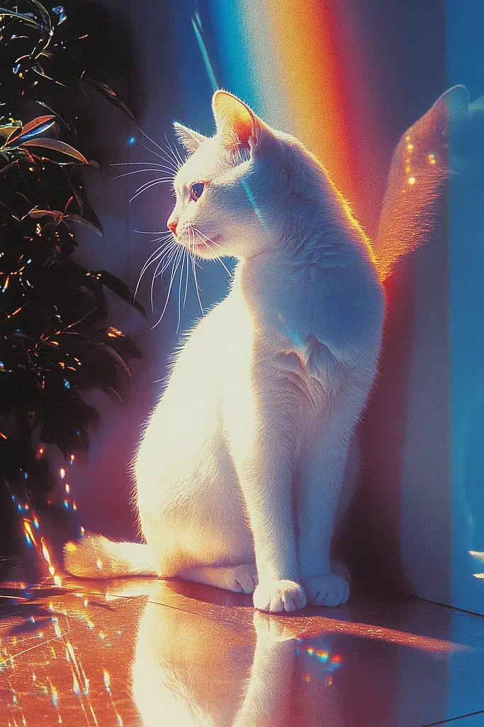 Midjourney generated image using SREF code Luminous Dreams: A white cat sitting in front of a Christmas tree.