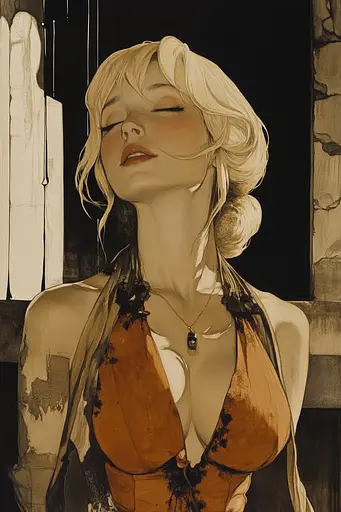 Midjourney generated image using SREF code Sepia Nexus: A painting of a woman in a brown dress.