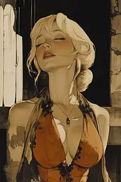Midjourney generated image using SREF code Sepia Nexus: A painting of a woman in a brown dress.
