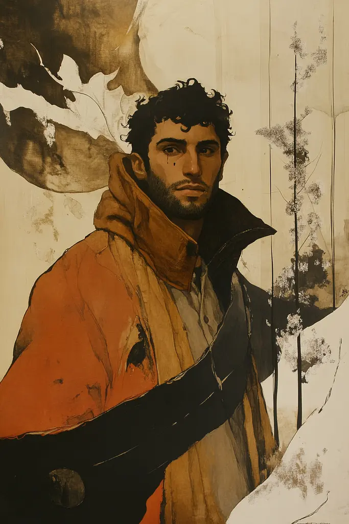 Midjourney generated image using SREF code Sepia Nexus: A painting of a man with a sword in his hand.