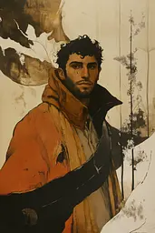 Midjourney generated image using SREF code Sepia Nexus: A painting of a man with a sword in his hand.