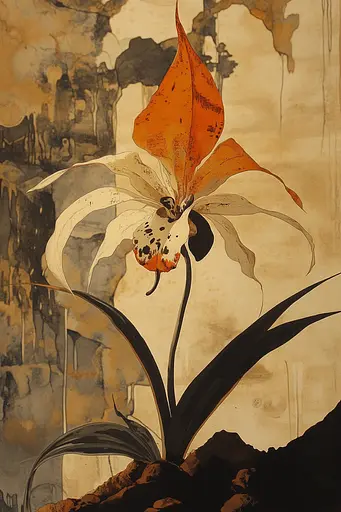 Midjourney generated image using SREF code Sepia Nexus: A painting of an orange and white flower on a brown background.