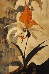 Midjourney generated image using SREF code Sepia Nexus: A painting of an orange and white flower on a brown background.