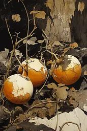 Midjourney generated image using SREF code Sepia Nexus: A painting of three pumpkins sitting on the ground.