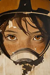 Midjourney generated image using SREF code Sepia Nexus: A painting of a woman wearing a gas mask.