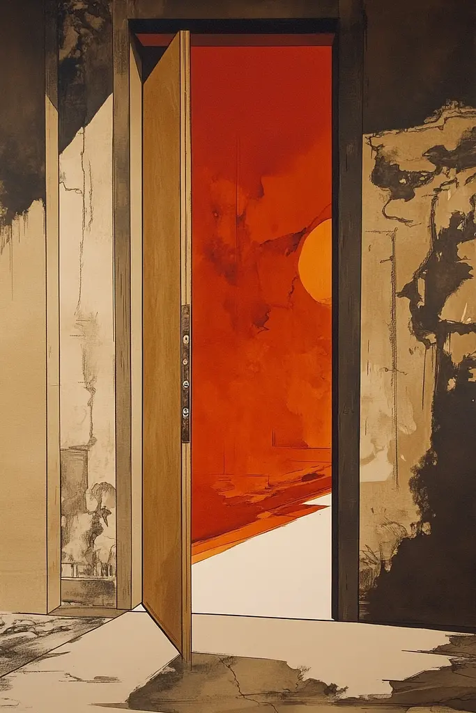 Midjourney generated image using SREF code Sepia Nexus: A painting of an open door in a room.