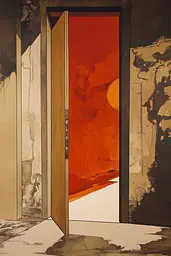 Midjourney generated image using SREF code Sepia Nexus: A painting of an open door in a room.