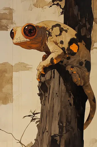 Midjourney generated image using SREF code Sepia Nexus: A painting of a gecko sitting on top of a tree.