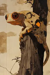 Midjourney generated image using SREF code Sepia Nexus: A painting of a gecko sitting on top of a tree.