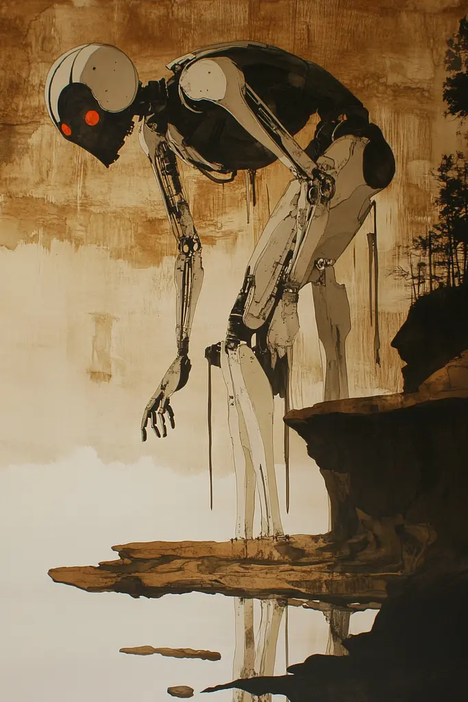 Midjourney generated image using SREF code Sepia Nexus: A painting of a robot standing on top of a cliff.
