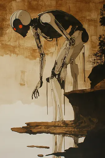 Midjourney generated image using SREF code Sepia Nexus: A painting of a robot standing on top of a cliff.