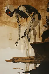 Midjourney generated image using SREF code Sepia Nexus: A painting of a robot standing on top of a cliff.