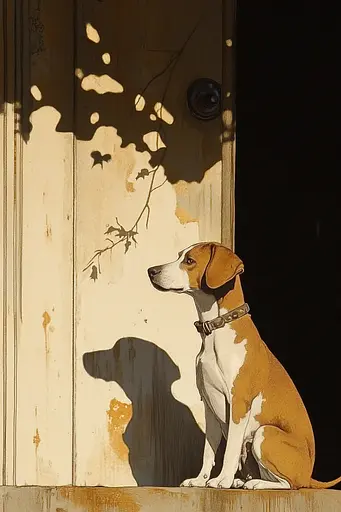 Midjourney generated image using SREF code Sepia Nexus: A brown and white dog sitting in front of a door.