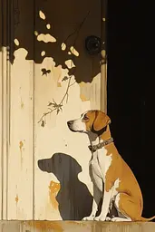Midjourney generated image using SREF code Sepia Nexus: A brown and white dog sitting in front of a door.