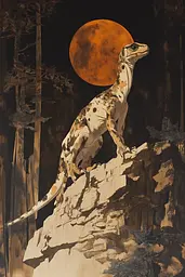 Midjourney generated image using SREF code Sepia Nexus: A painting of a lizard on a cliff with a full moon in the background.