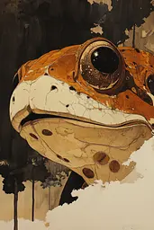 Midjourney generated image using SREF code Sepia Nexus: A painting of a frog sitting on top of a cloud.