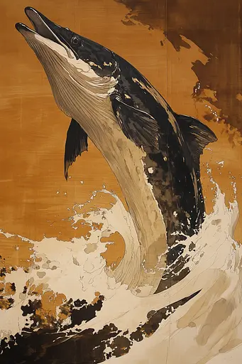 Midjourney generated image using SREF code Sepia Nexus: A painting of a dolphin jumping out of the water.