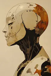 Midjourney generated image using SREF code Sepia Nexus: A drawing of a robot head with a helmet on.