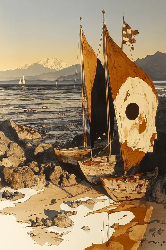Midjourney generated image using SREF code Sepia Nexus: A painting of two boats sitting on a rocky beach.