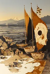 Midjourney generated image using SREF code Sepia Nexus: A painting of two boats sitting on a rocky beach.