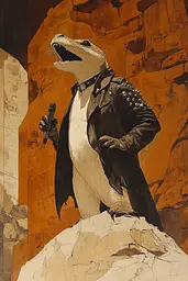 Midjourney generated image using SREF code Sepia Nexus: A painting of a lizard in a leather jacket holding a microphone.