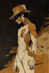 Midjourney generated image using SREF code Sepia Nexus: A man in a cowboy hat standing in front of a wall.